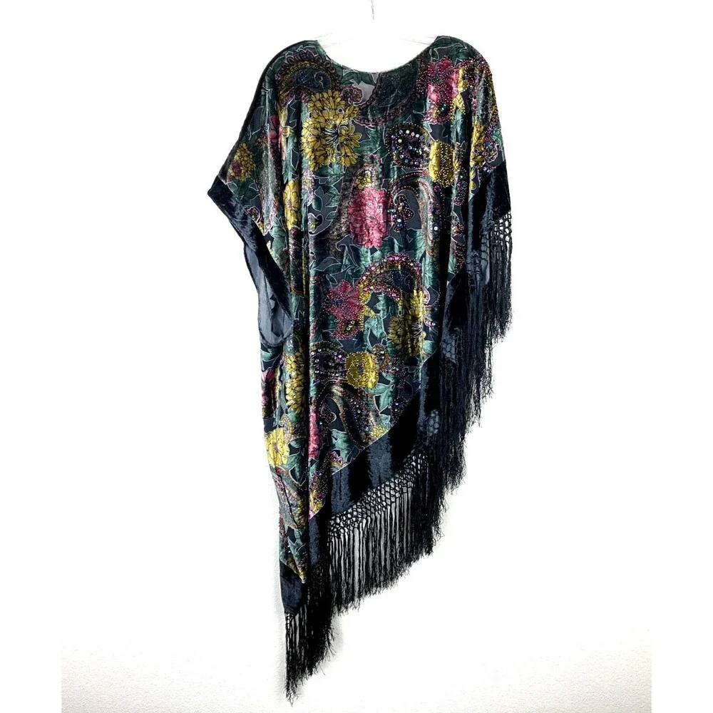 Heidi Abra Night Garden Burnout Silk Velvet Fringe Poncho One Size Whimsigoth - Picture 6 of 13